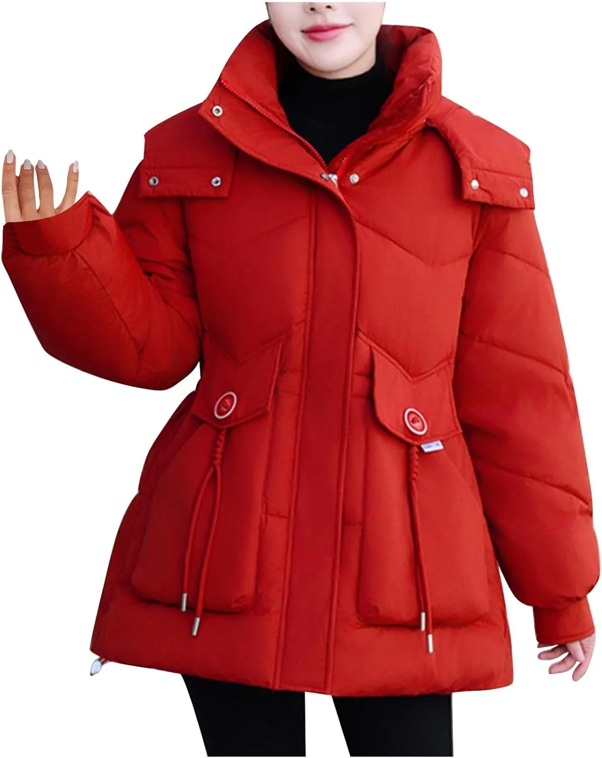 Women's Warm Winter Puffer Coat Parka Thicken Down Jacket Stand Collar Hood Belted Casual Coats with Pockets