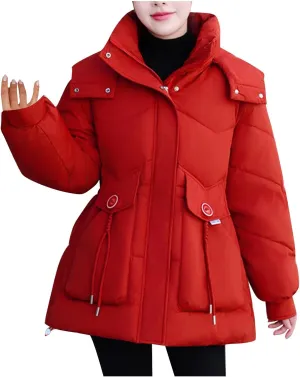 Women's Warm Winter Puffer Coat Parka Thicken Down Jacket Stand Collar Hood Belted Casual Coats with Pockets