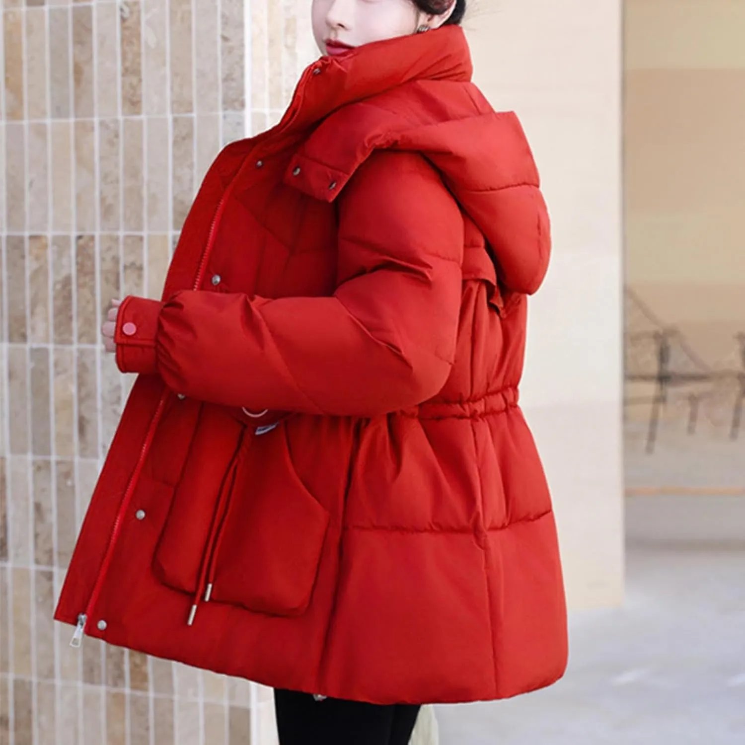Women's Warm Winter Puffer Coat Parka Thicken Down Jacket Stand Collar Hood Belted Casual Coats with Pockets