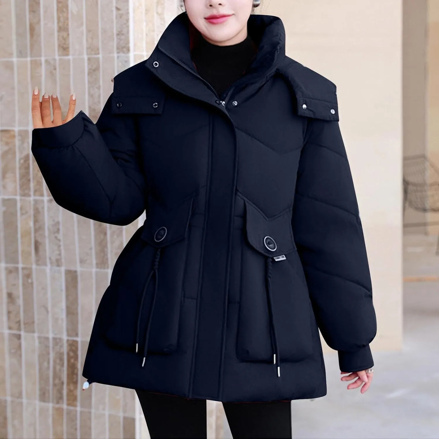 Women's Warm Winter Puffer Coat Parka Thicken Down Jacket Stand Collar Hood Belted Casual Coats with Pockets