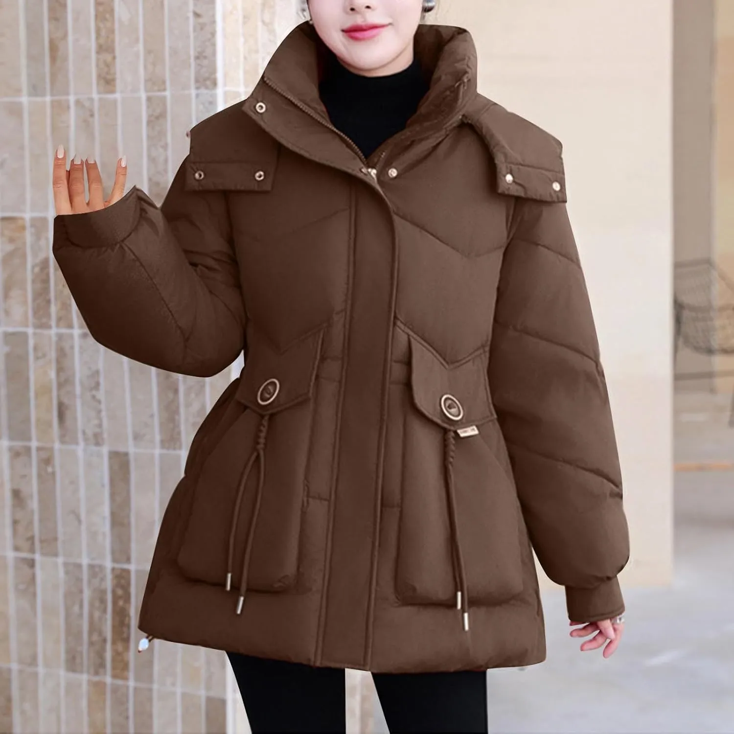 Women's Warm Winter Puffer Coat Parka Thicken Down Jacket Stand Collar Hood Belted Casual Coats with Pockets