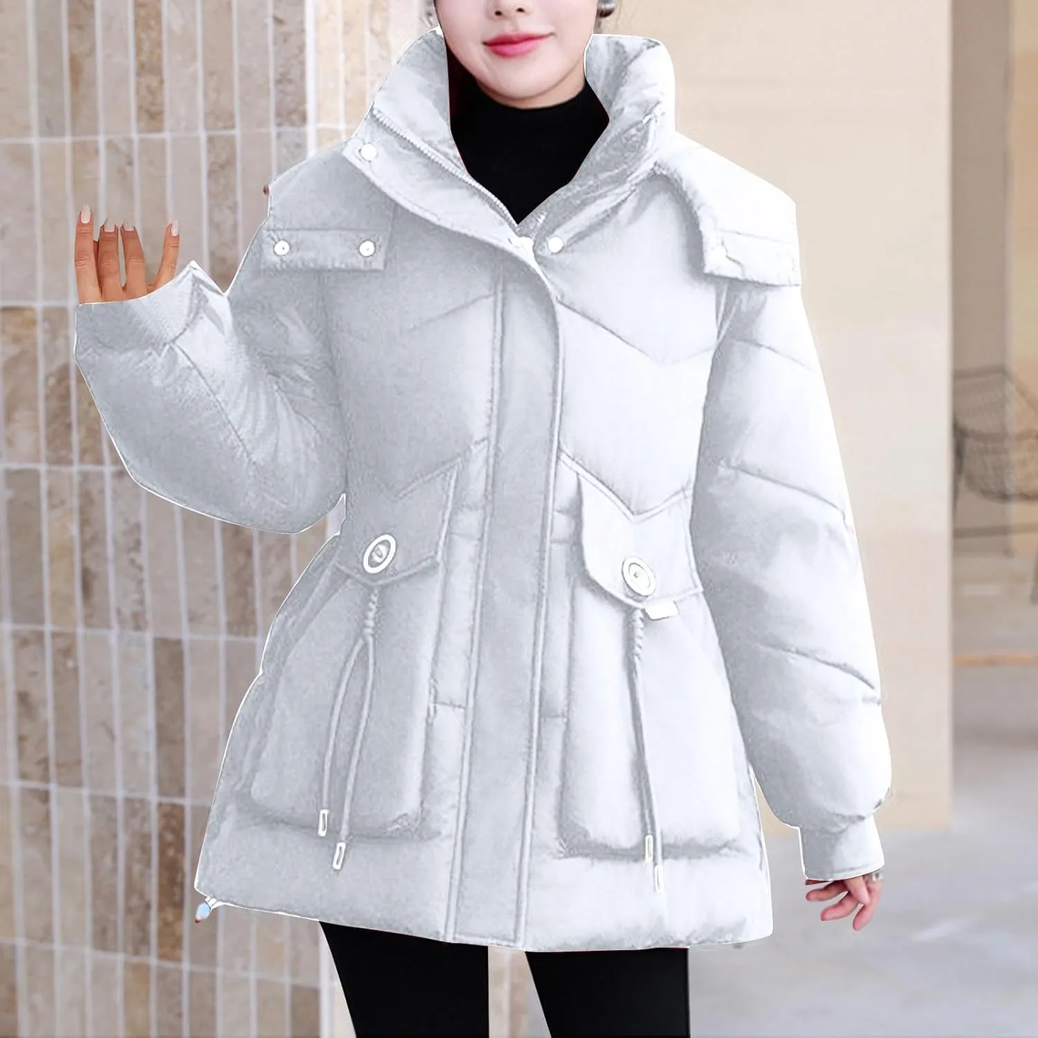 Women's Warm Winter Puffer Coat Parka Thicken Down Jacket Stand Collar Hood Belted Casual Coats with Pockets