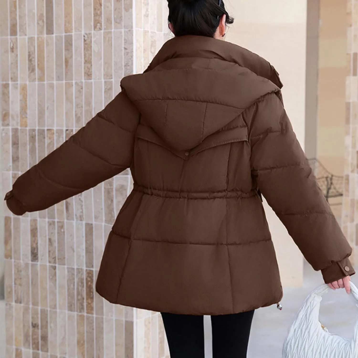 Women's Warm Winter Puffer Coat Parka Thicken Down Jacket Stand Collar Hood Belted Casual Coats with Pockets