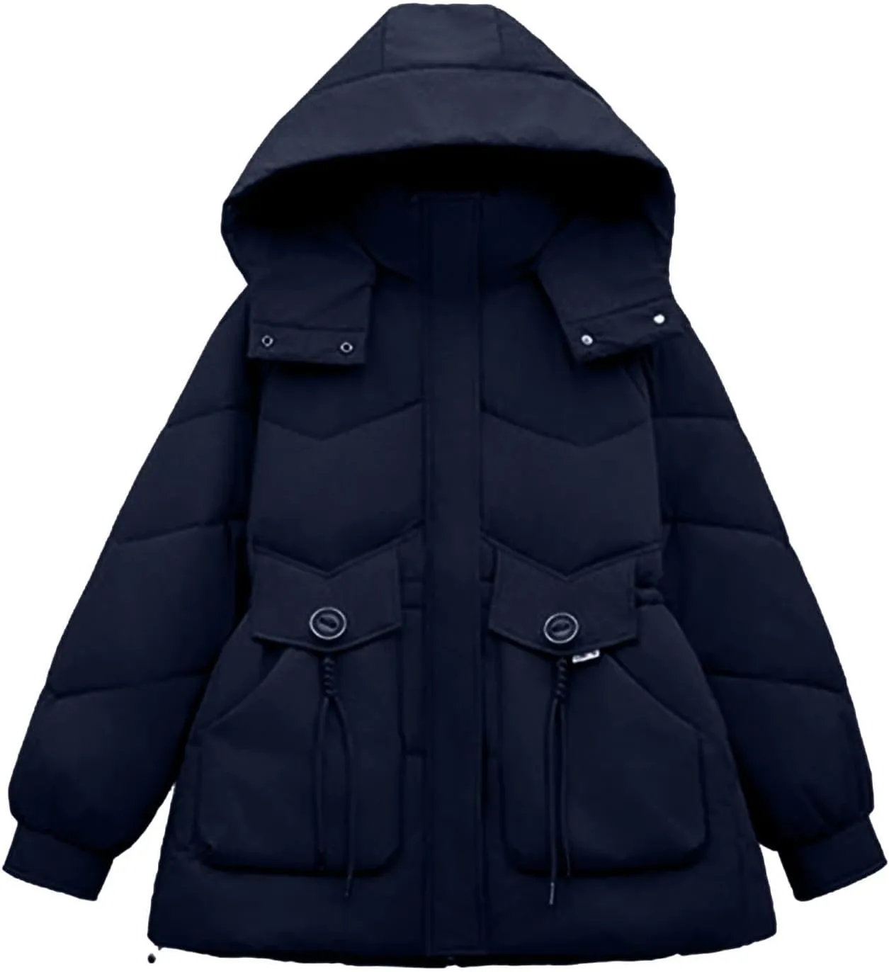 Women's Warm Winter Puffer Coat Parka Thicken Down Jacket Stand Collar Hood Belted Casual Coats with Pockets