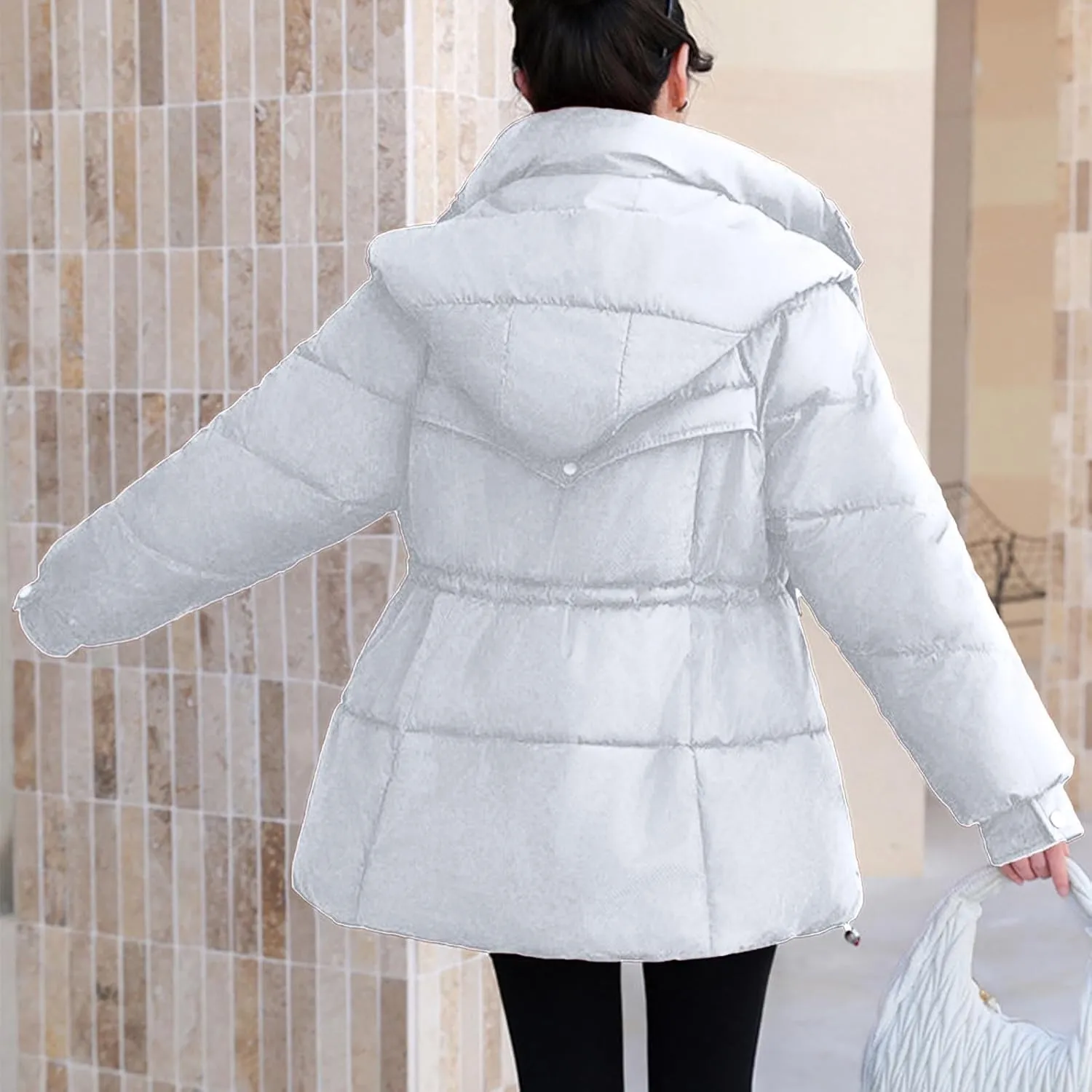 Women's Warm Winter Puffer Coat Parka Thicken Down Jacket Stand Collar Hood Belted Casual Coats with Pockets