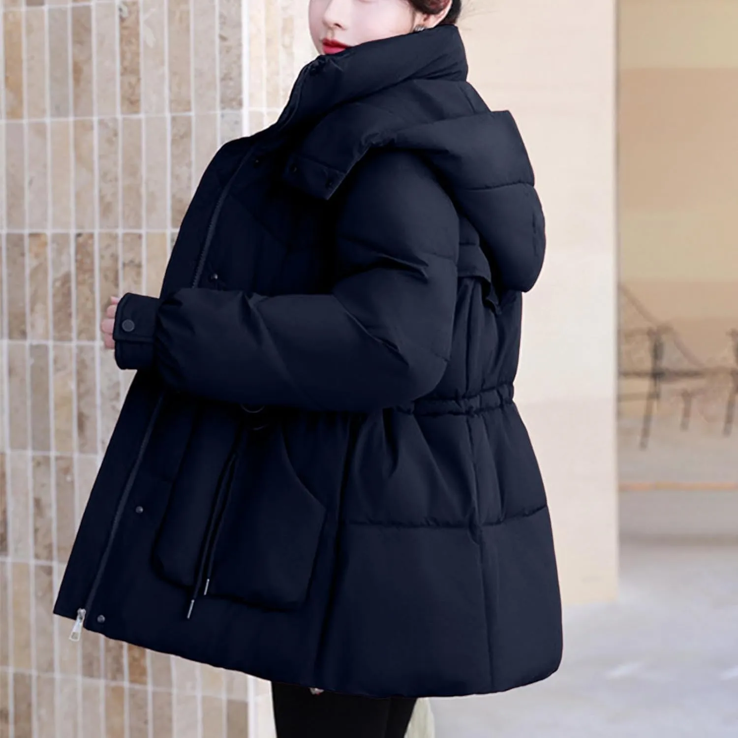 Women's Warm Winter Puffer Coat Parka Thicken Down Jacket Stand Collar Hood Belted Casual Coats with Pockets