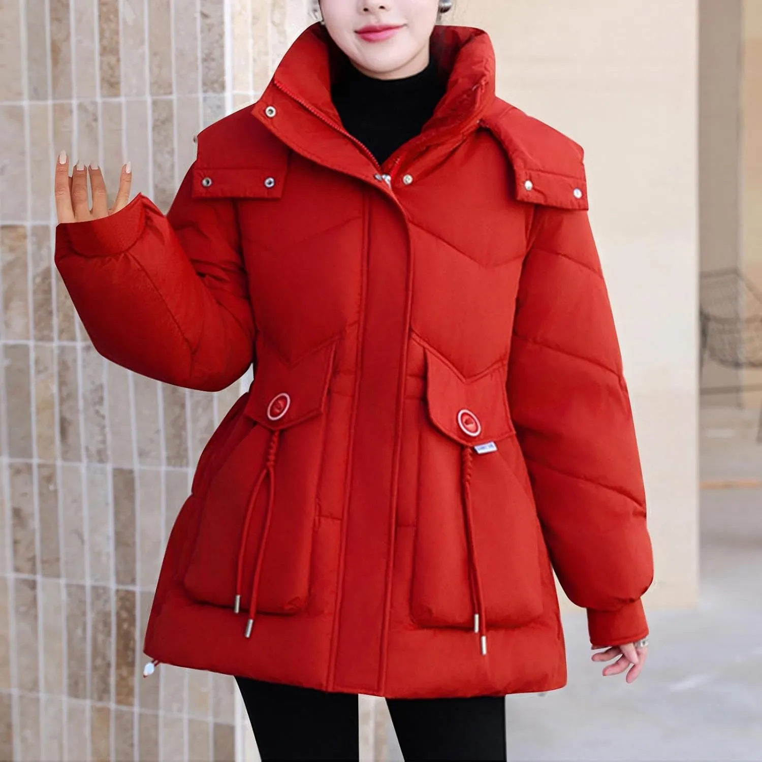 Women's Warm Winter Puffer Coat Parka Thicken Down Jacket Stand Collar Hood Belted Casual Coats with Pockets