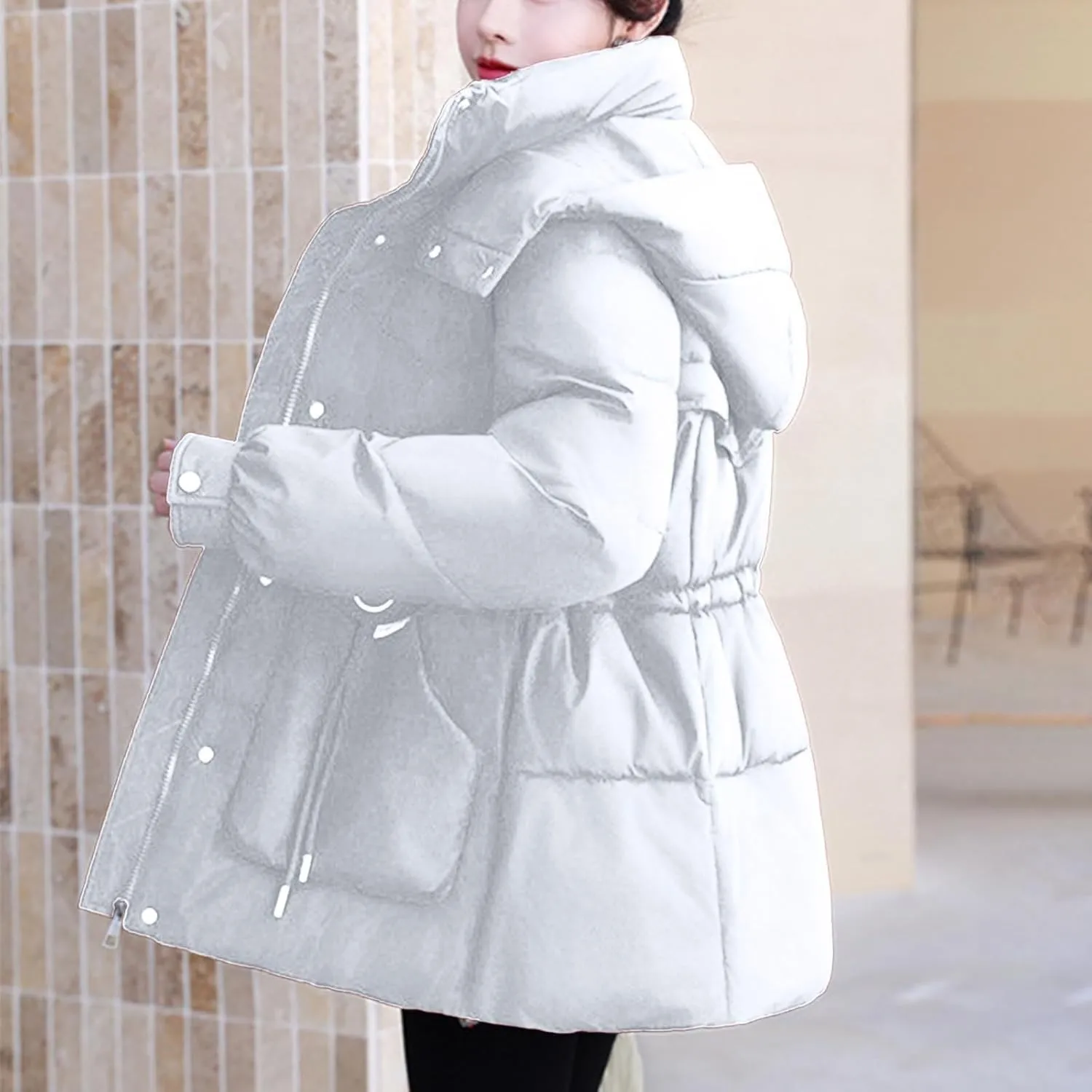 Women's Warm Winter Puffer Coat Parka Thicken Down Jacket Stand Collar Hood Belted Casual Coats with Pockets
