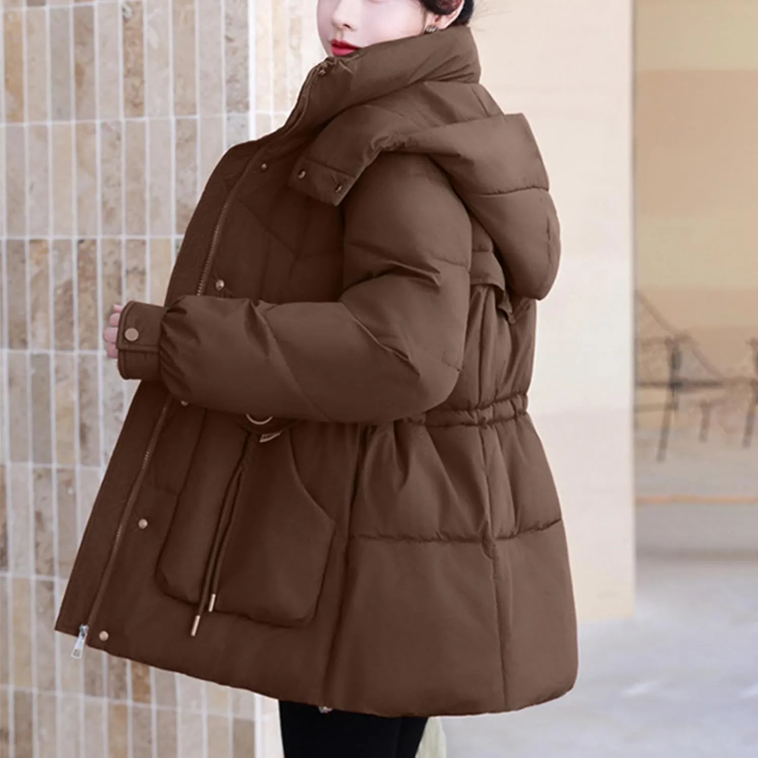 Women's Warm Winter Puffer Coat Parka Thicken Down Jacket Stand Collar Hood Belted Casual Coats with Pockets