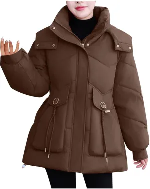 Women's Warm Winter Puffer Coat Parka Thicken Down Jacket Stand Collar Hood Belted Casual Coats with Pockets
