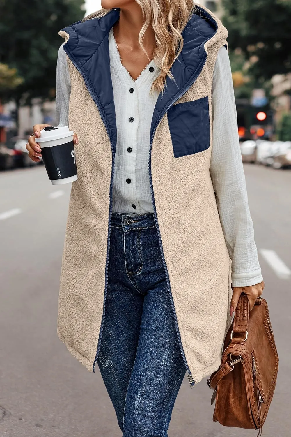 Womens Winter Reversible Vests 2024 Long Warm Sleeveless Fleece Jacket Zip up Hoodie Fall Casual Coats with Pockets