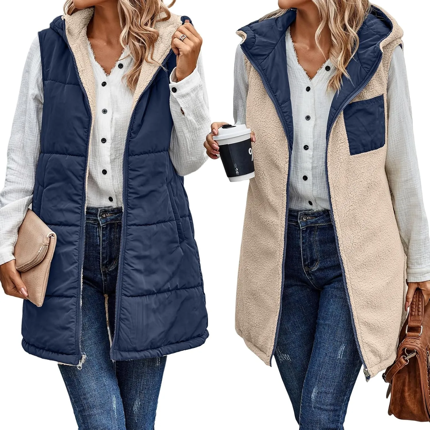 Womens Winter Reversible Vests 2024 Long Warm Sleeveless Fleece Jacket Zip up Hoodie Fall Casual Coats with Pockets