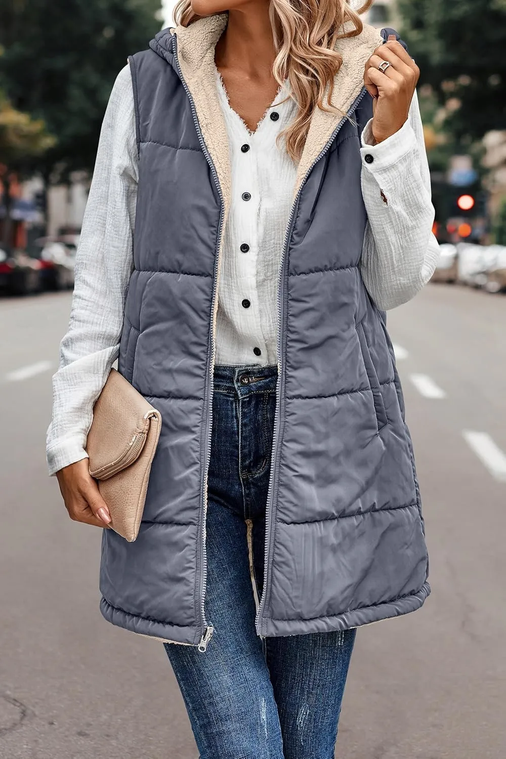Womens Winter Reversible Vests 2024 Long Warm Sleeveless Fleece Jacket Zip up Hoodie Fall Casual Coats with Pockets