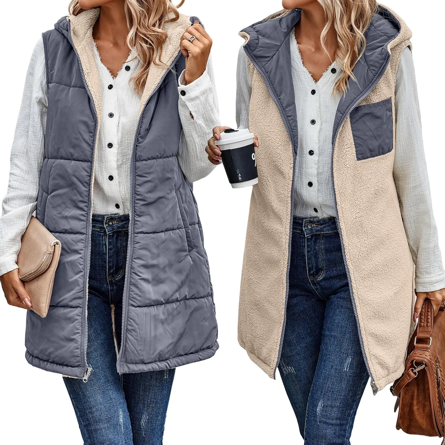 Womens Winter Reversible Vests 2024 Long Warm Sleeveless Fleece Jacket Zip up Hoodie Fall Casual Coats with Pockets