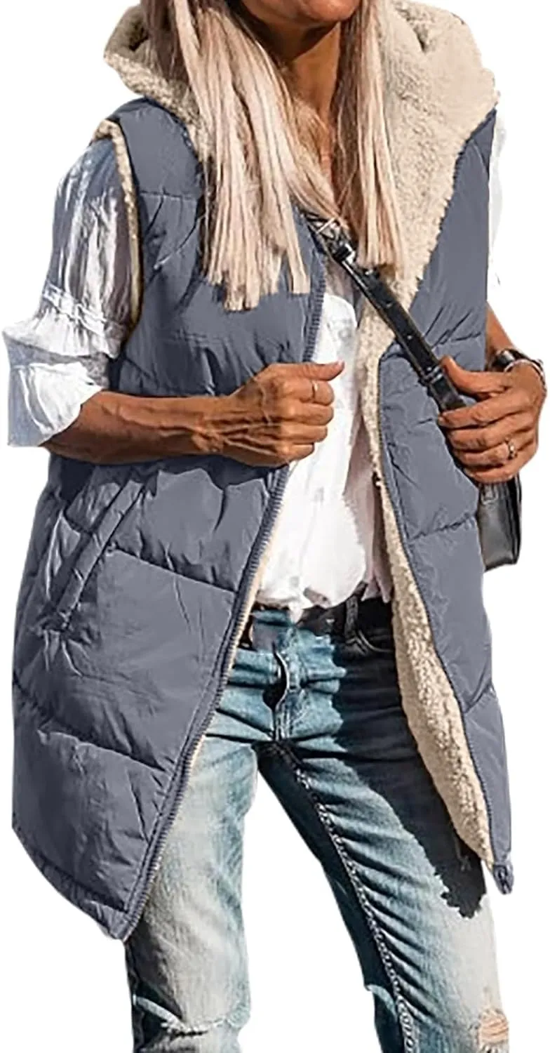 Womens Winter Reversible Vests 2024 Long Warm Sleeveless Fleece Jacket Zip up Hoodie Fall Casual Coats with Pockets