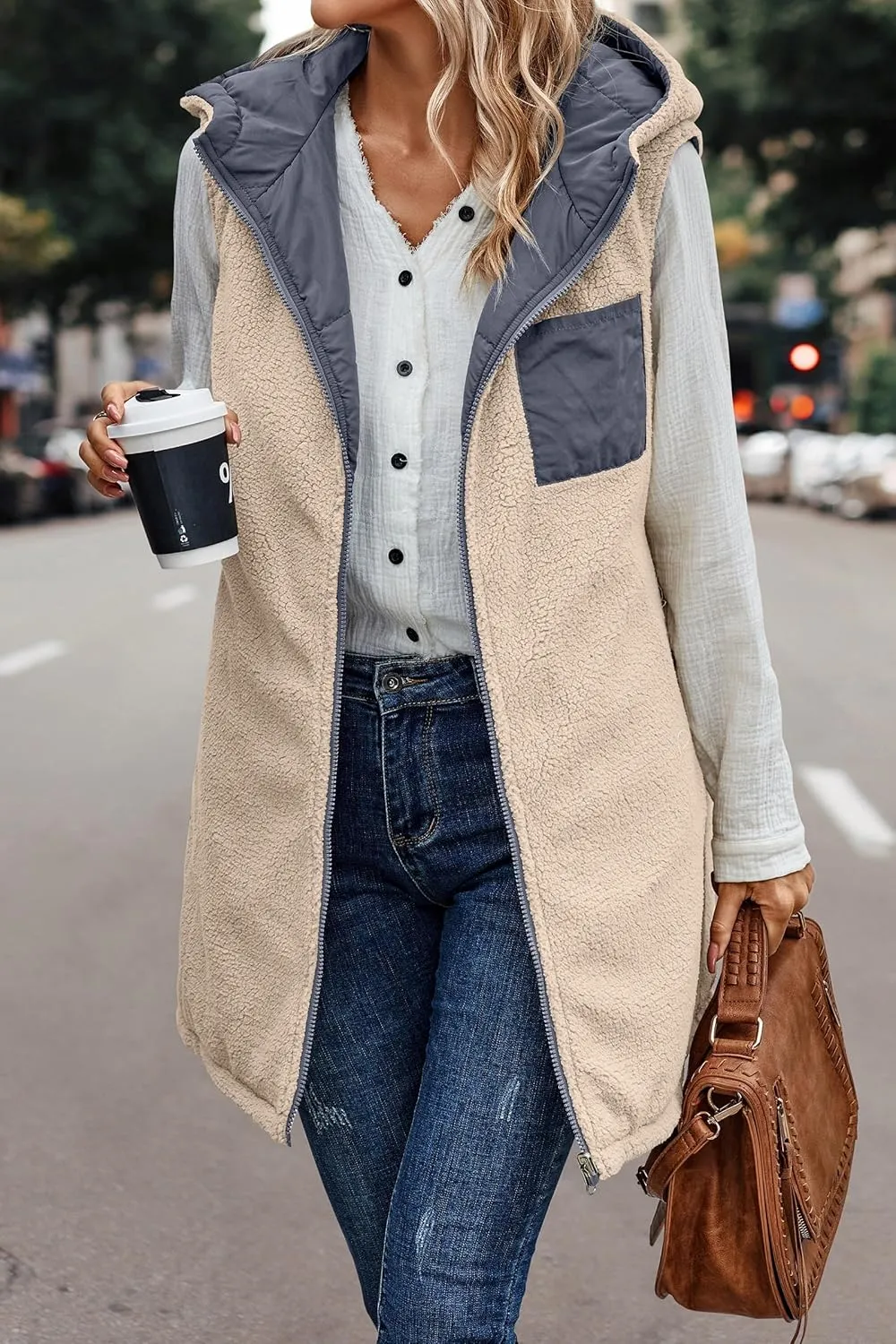 Womens Winter Reversible Vests 2024 Long Warm Sleeveless Fleece Jacket Zip up Hoodie Fall Casual Coats with Pockets