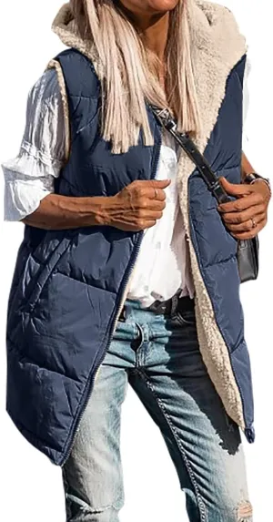 Womens Winter Reversible Vests 2024 Long Warm Sleeveless Fleece Jacket Zip up Hoodie Fall Casual Coats with Pockets