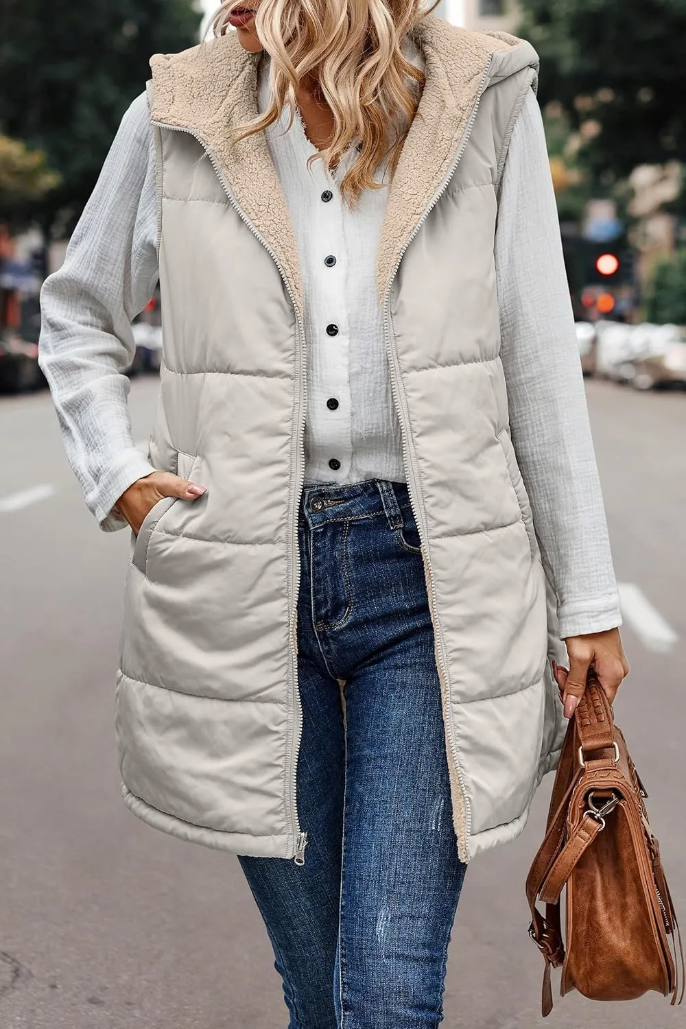 Womens Winter Reversible Vests 2024 Long Warm Sleeveless Fleece Jacket Zip up Hoodie Fall Casual Coats with Pockets