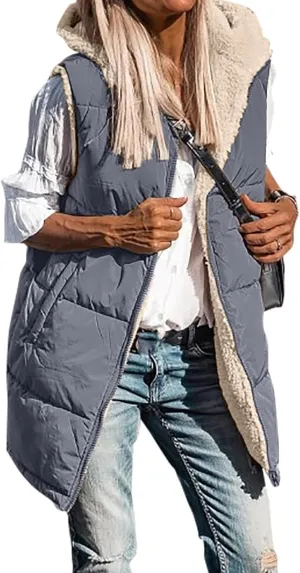 Womens Winter Reversible Vests 2024 Long Warm Sleeveless Fleece Jacket Zip up Hoodie Fall Casual Coats with Pockets