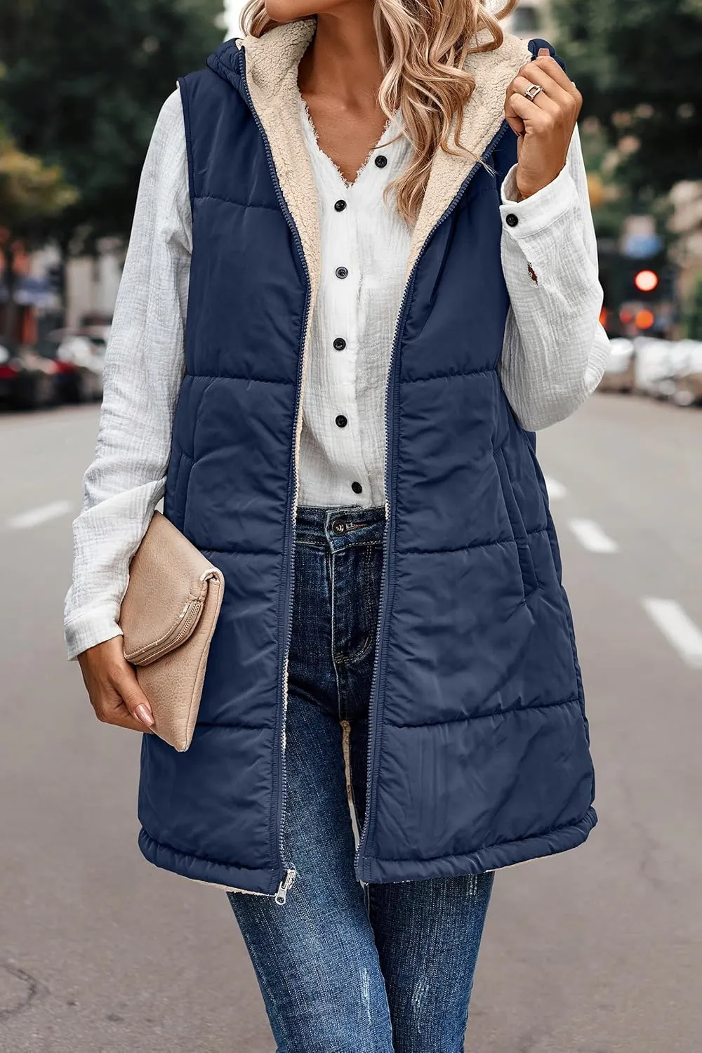 Womens Winter Reversible Vests 2024 Long Warm Sleeveless Fleece Jacket Zip up Hoodie Fall Casual Coats with Pockets
