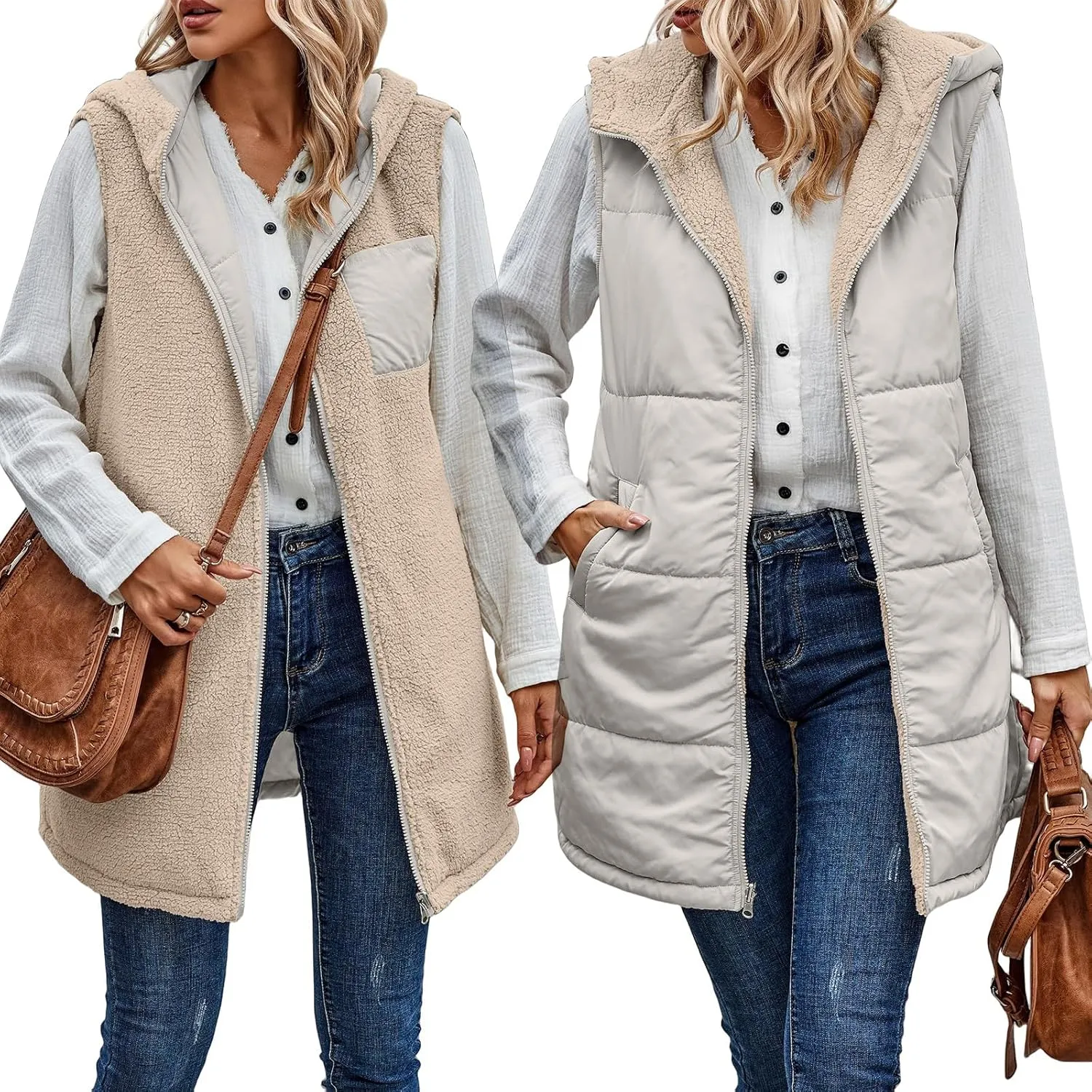 Womens Winter Reversible Vests 2024 Long Warm Sleeveless Fleece Jacket Zip up Hoodie Fall Casual Coats with Pockets