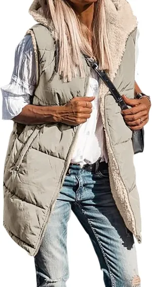 Womens Winter Reversible Vests 2024 Long Warm Sleeveless Fleece Jacket Zip up Hoodie Fall Casual Coats with Pockets