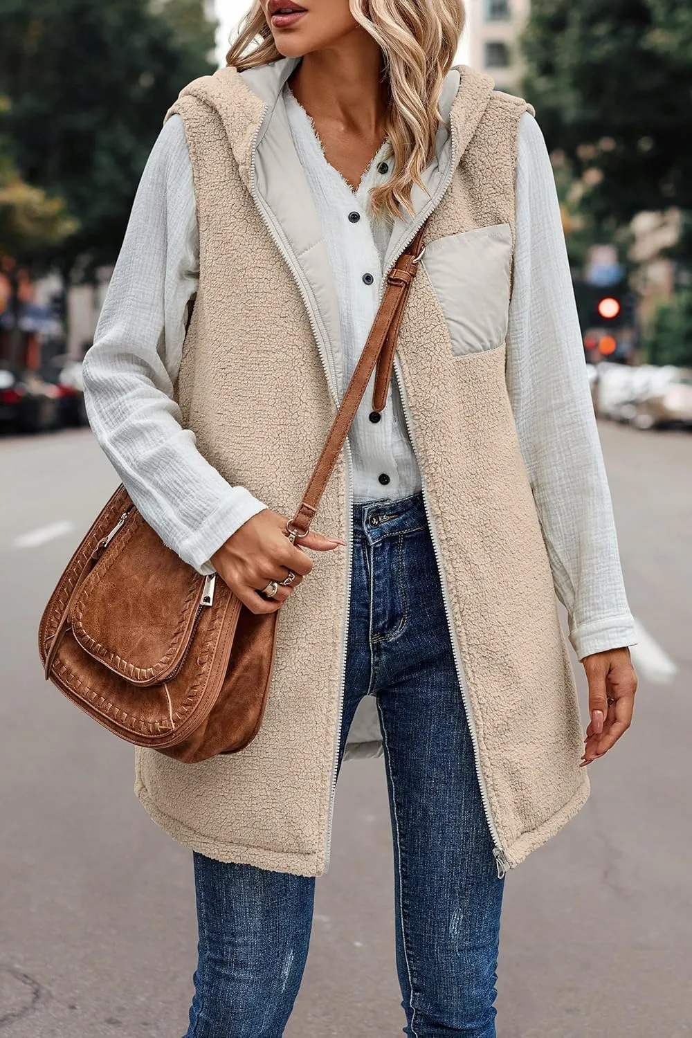 Womens Winter Reversible Vests 2024 Long Warm Sleeveless Fleece Jacket Zip up Hoodie Fall Casual Coats with Pockets