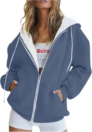 Womens Zip Up Hoodies Long Sleeve Fall Oversized Sweatshirts Jacket with Pockets 2025 Fashion Clothes Sweaters