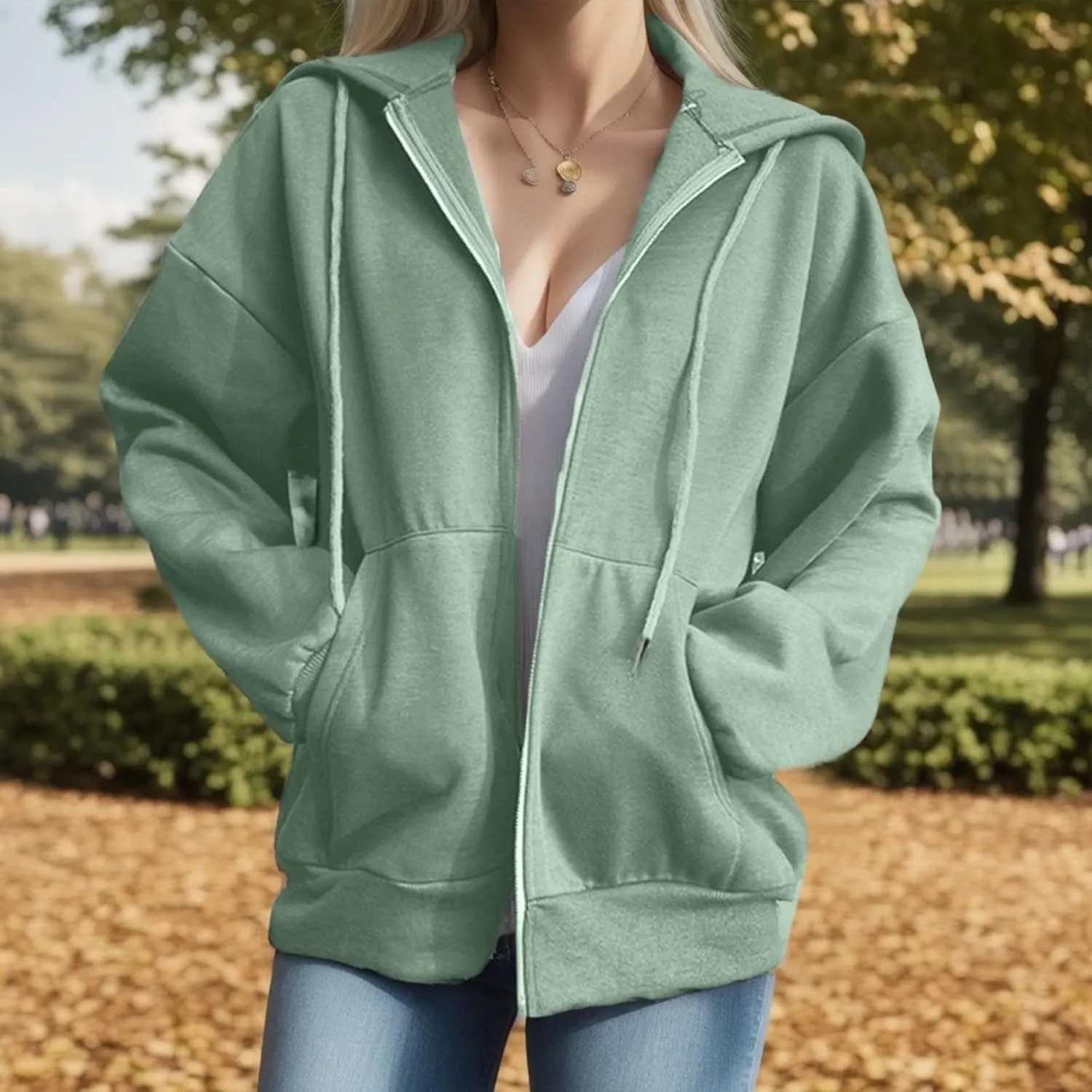 Womens Zip Up Hoodies Long Sleeve Oversized Sweatshirts Drawstring Y2k Jacket with Pockets Fall Winter Tops
