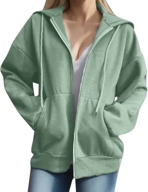 Womens Zip Up Hoodies Long Sleeve Oversized Sweatshirts Drawstring Y2k Jacket with Pockets Fall Winter Tops