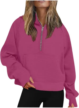 Womens Zip up Hoodies Oversized Sweatshirts Half Zip Cropped Pullover Fleece Preppy Clothes Fall Teen Girls Outfits