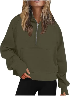 Womens Zip up Hoodies Oversized Sweatshirts Half Zip Cropped Pullover Fleece Preppy Clothes Fall Teen Girls Outfits