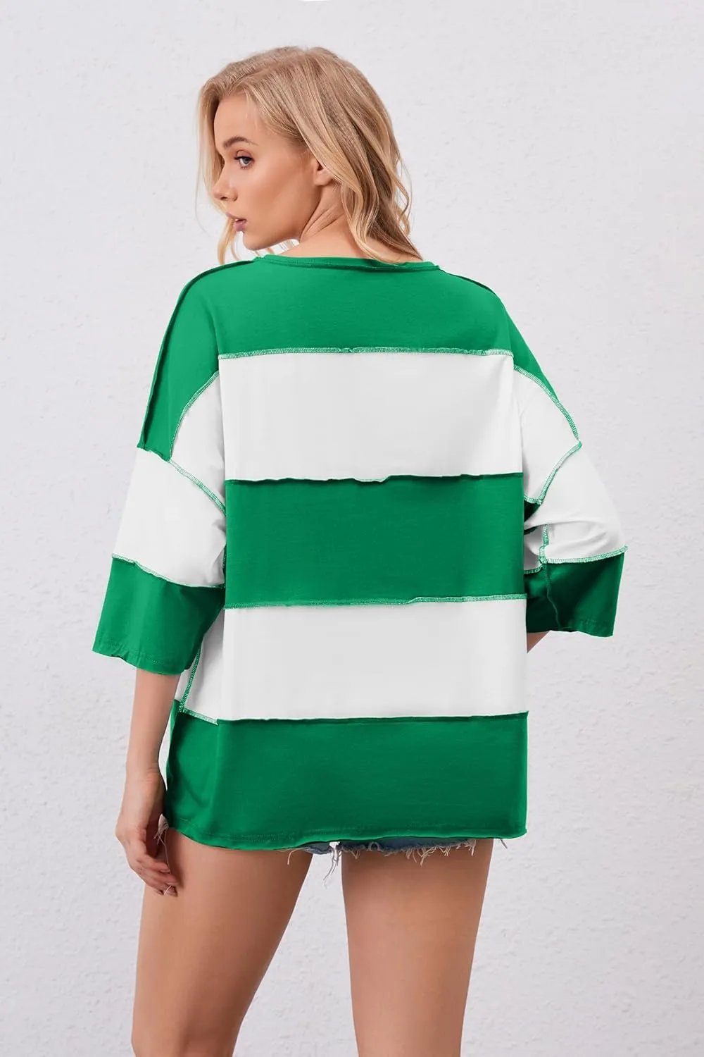Ythomm Womens Color Block Striped Oversized Short Sleeve T-Shirts Crewneck Drop Shoulder Basic Tees Loose Casual Y2k Tops