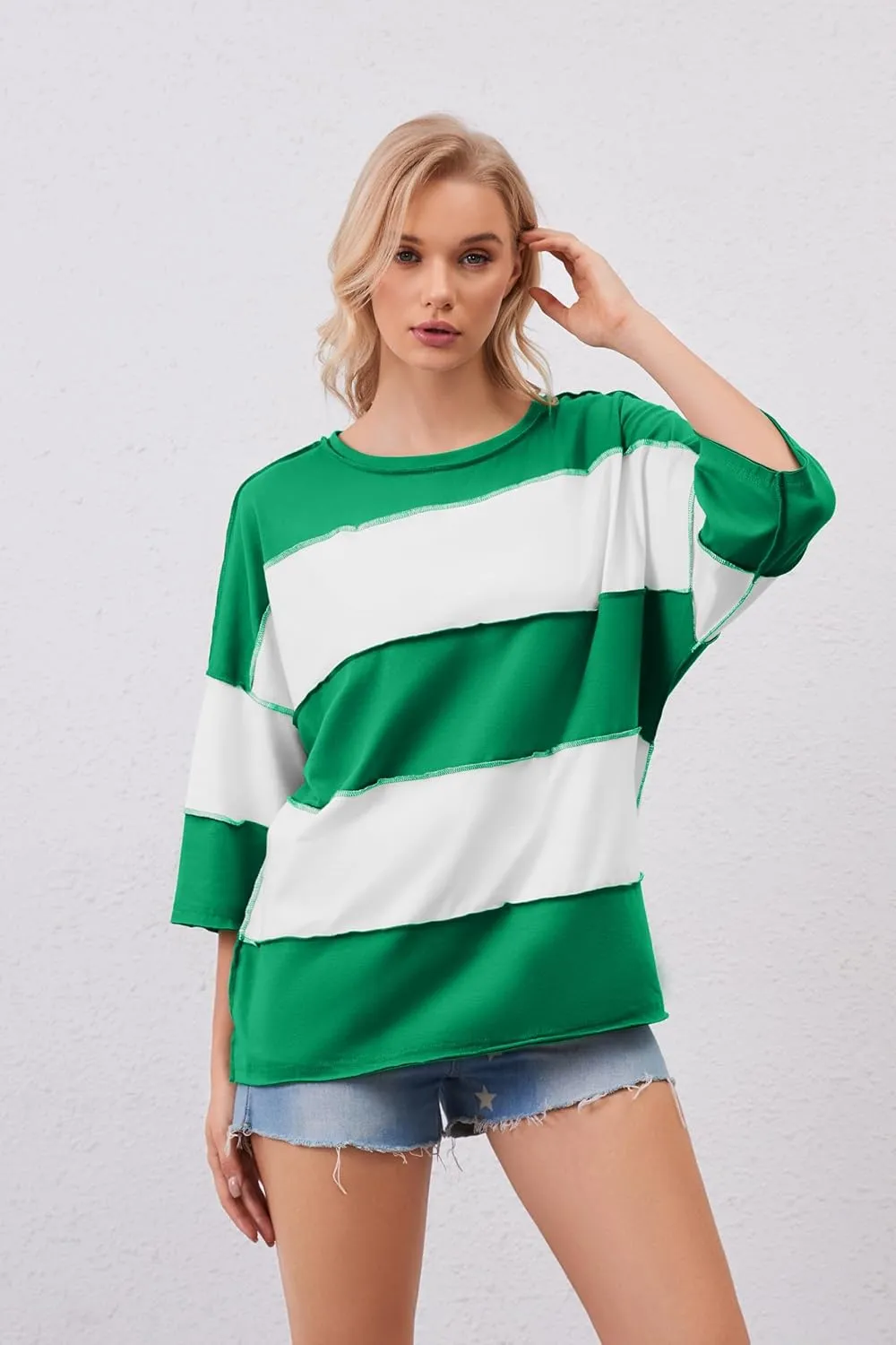 Ythomm Womens Color Block Striped Oversized Short Sleeve T-Shirts Crewneck Drop Shoulder Basic Tees Loose Casual Y2k Tops