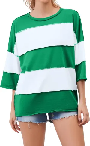 Ythomm Womens Color Block Striped Oversized Short Sleeve T-Shirts Crewneck Drop Shoulder Basic Tees Loose Casual Y2k Tops