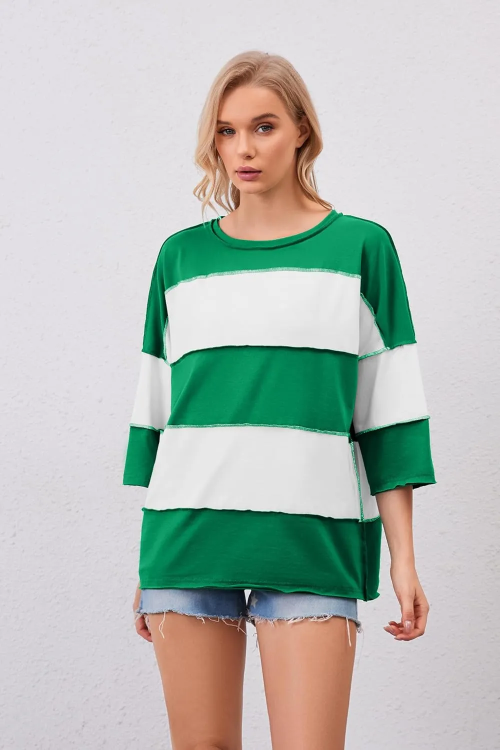 Ythomm Womens Color Block Striped Oversized Short Sleeve T-Shirts Crewneck Drop Shoulder Basic Tees Loose Casual Y2k Tops