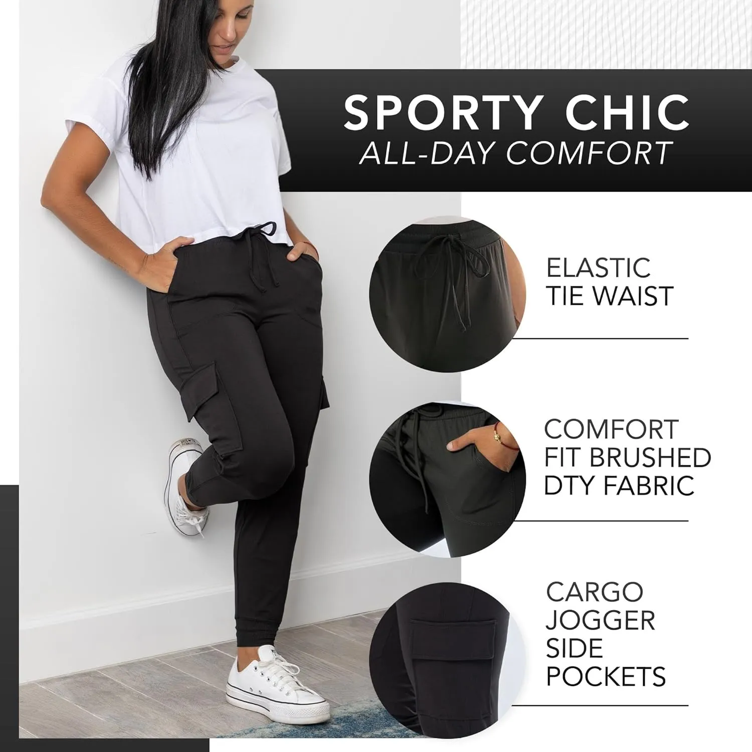 Zac & Rachel Women's Brushed Dty Cargo Jogger with Functional Pockets and Tie Waistband