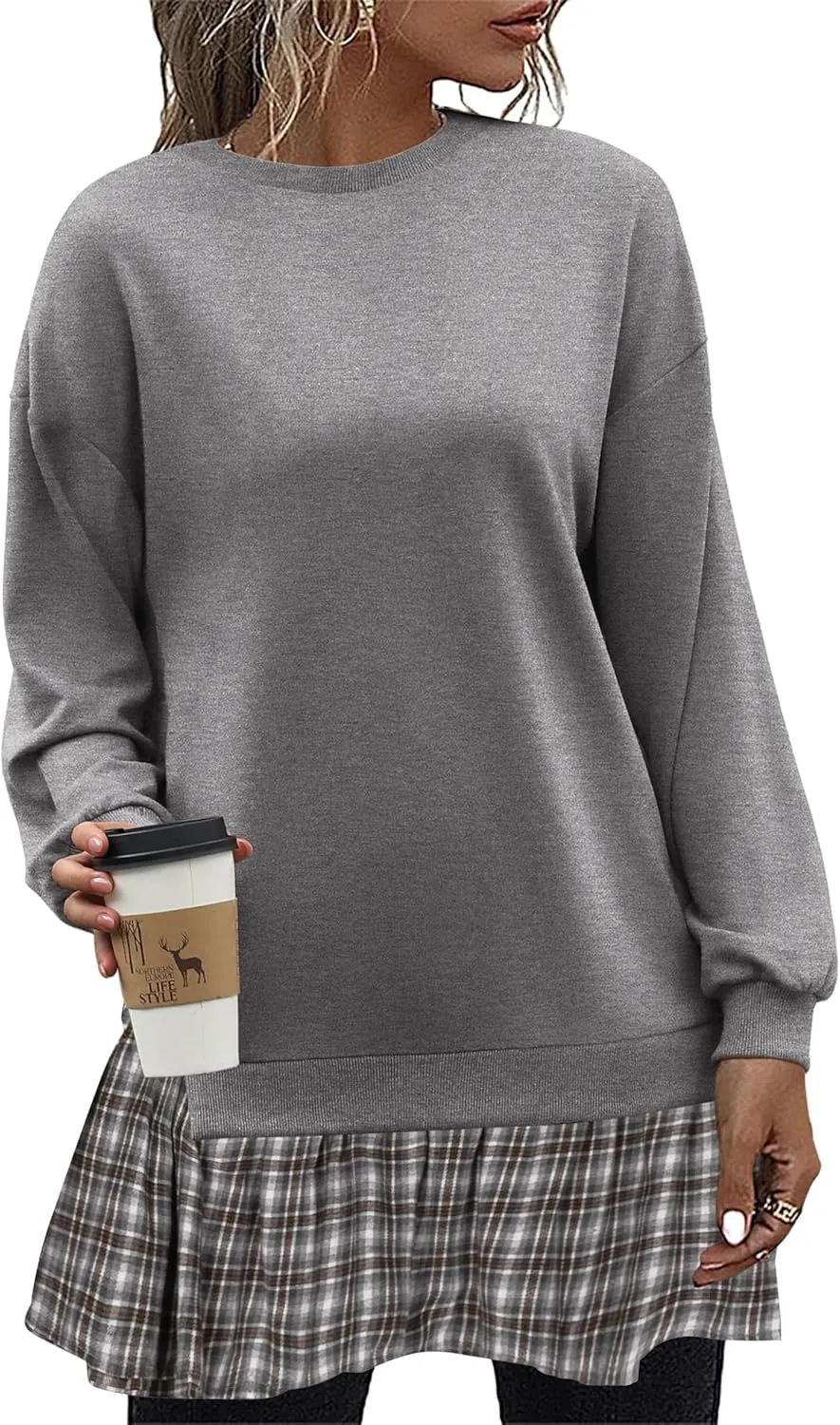 Zeagoo Womens Sweatshirts Plaid Patchwork Crewneck Preppy Long Sleeve Hoodie 2024 Trendy Teen Girls Flowy Pullover Top