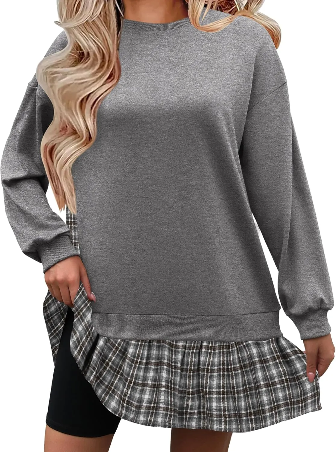 Zeagoo Womens Sweatshirts Plaid Patchwork Crewneck Preppy Long Sleeve Hoodie 2024 Trendy Teen Girls Flowy Pullover Top