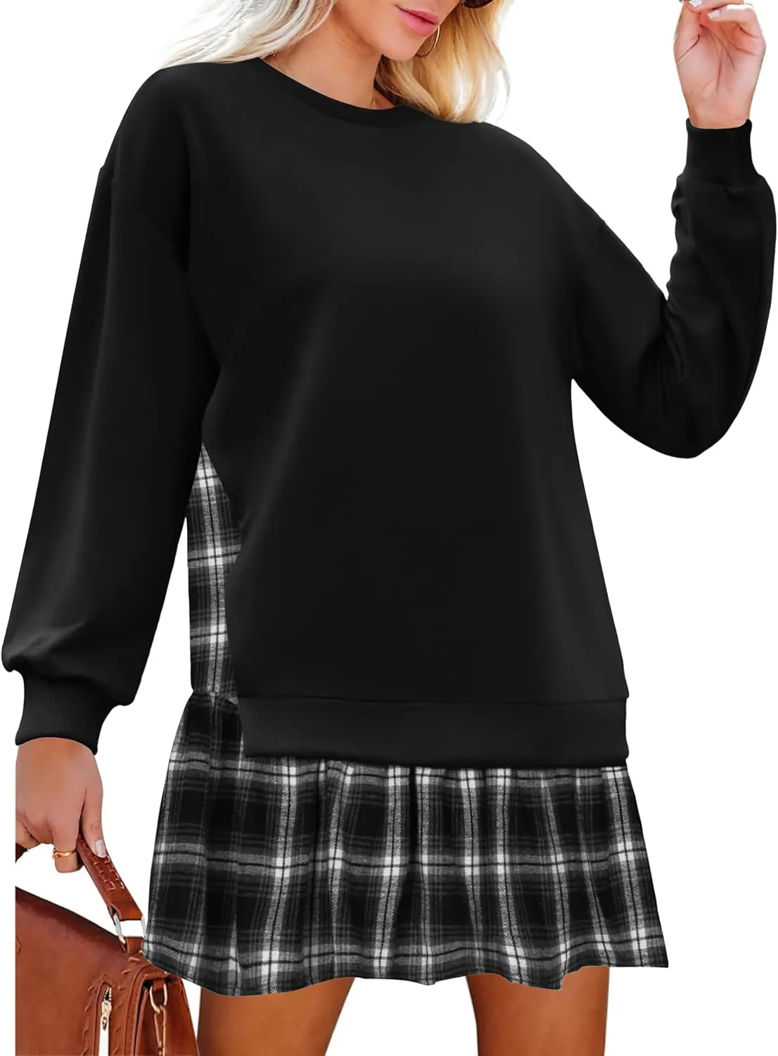 Zeagoo Womens Sweatshirts Plaid Patchwork Crewneck Preppy Long Sleeve Hoodie 2024 Trendy Teen Girls Flowy Pullover Top