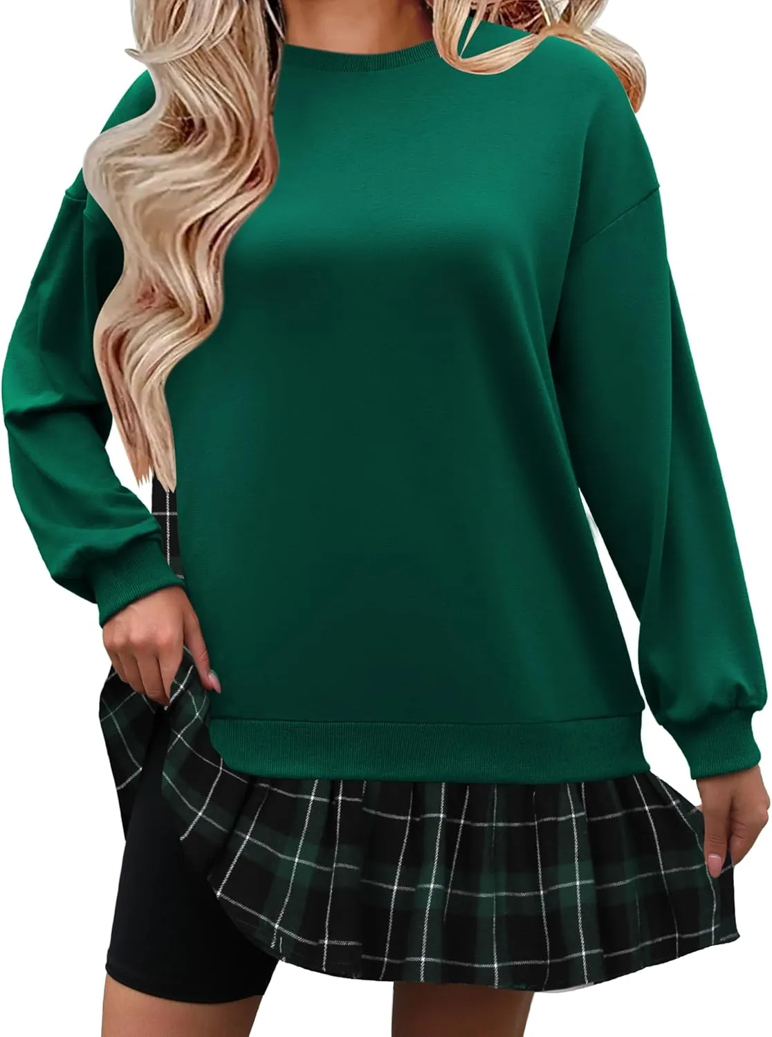 Zeagoo Womens Sweatshirts Plaid Patchwork Crewneck Preppy Long Sleeve Hoodie 2024 Trendy Teen Girls Flowy Pullover Top