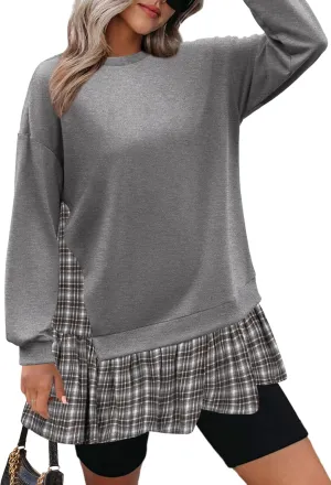 Zeagoo Womens Sweatshirts Plaid Patchwork Crewneck Preppy Long Sleeve Hoodie 2024 Trendy Teen Girls Flowy Pullover Top