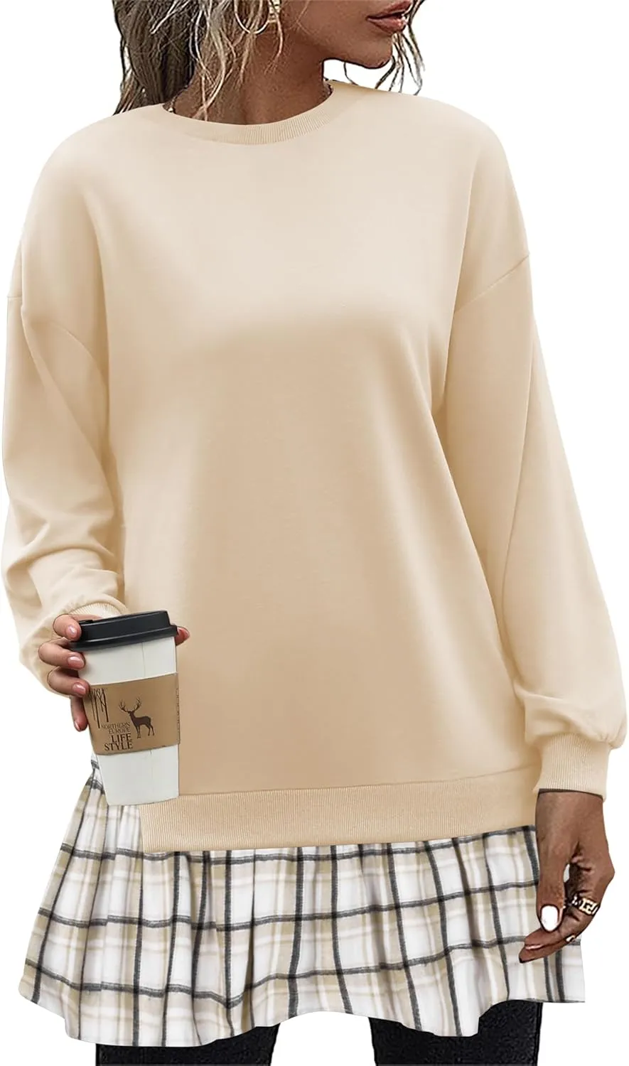 Zeagoo Womens Sweatshirts Plaid Patchwork Crewneck Preppy Long Sleeve Hoodie 2024 Trendy Teen Girls Flowy Pullover Top