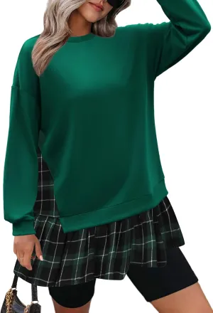 Zeagoo Womens Sweatshirts Plaid Patchwork Crewneck Preppy Long Sleeve Hoodie 2024 Trendy Teen Girls Flowy Pullover Top