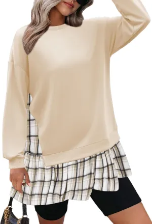 Zeagoo Womens Sweatshirts Plaid Patchwork Crewneck Preppy Long Sleeve Hoodie 2024 Trendy Teen Girls Flowy Pullover Top