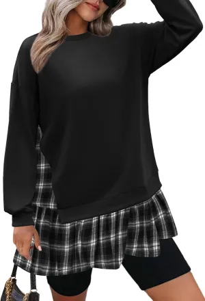 Zeagoo Womens Sweatshirts Plaid Patchwork Crewneck Preppy Long Sleeve Hoodie 2024 Trendy Teen Girls Flowy Pullover Top