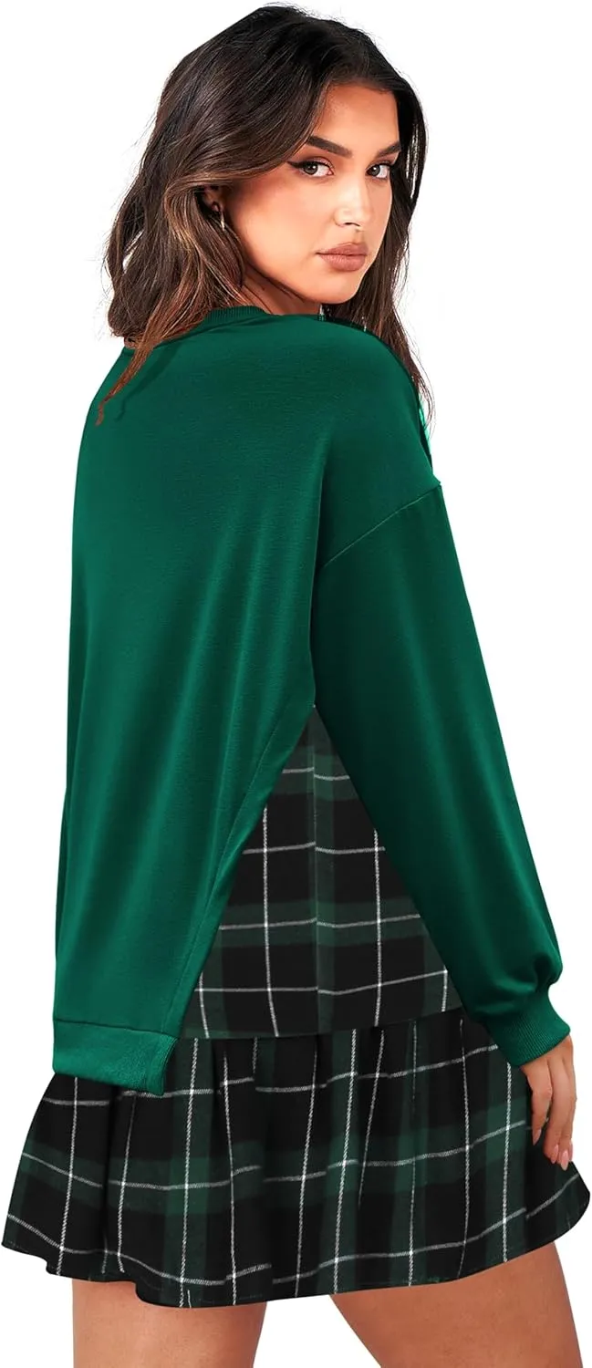 Zeagoo Womens Sweatshirts Plaid Patchwork Crewneck Preppy Long Sleeve Hoodie 2024 Trendy Teen Girls Flowy Pullover Top