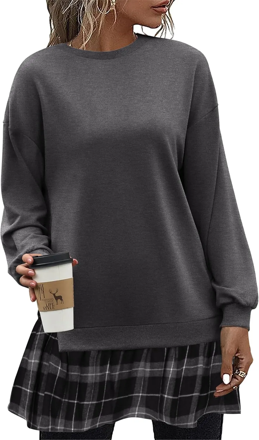 Zeagoo Womens Sweatshirts Plaid Patchwork Crewneck Preppy Long Sleeve Hoodie 2024 Trendy Teen Girls Flowy Pullover Top