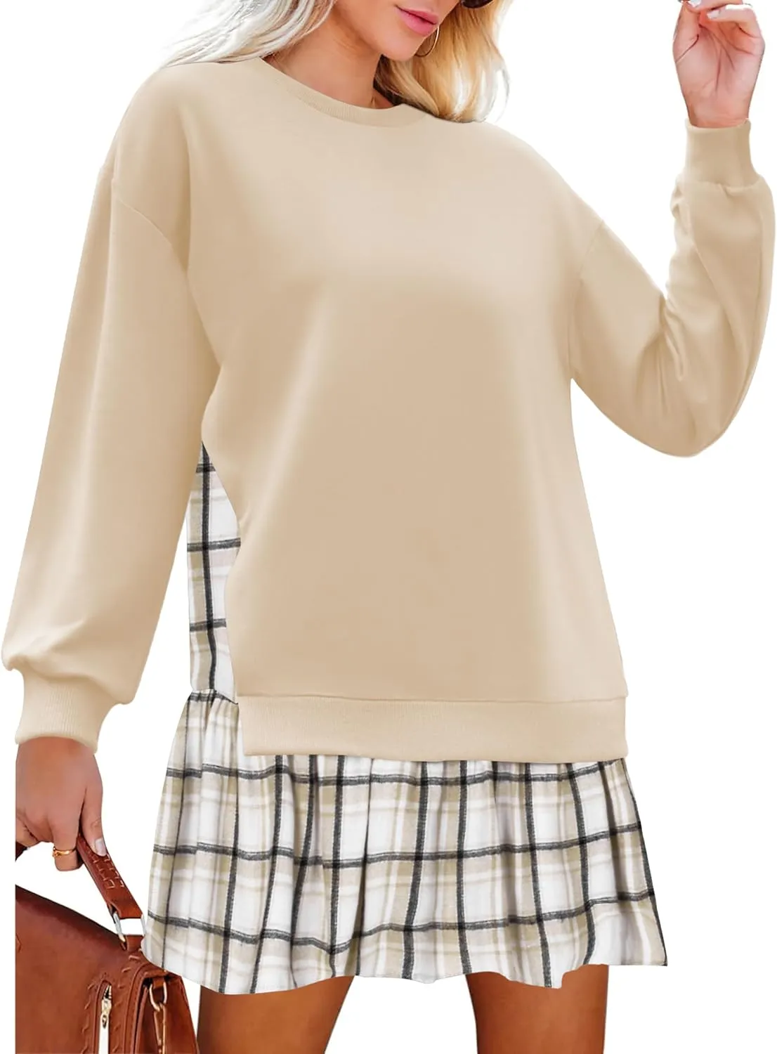 Zeagoo Womens Sweatshirts Plaid Patchwork Crewneck Preppy Long Sleeve Hoodie 2024 Trendy Teen Girls Flowy Pullover Top