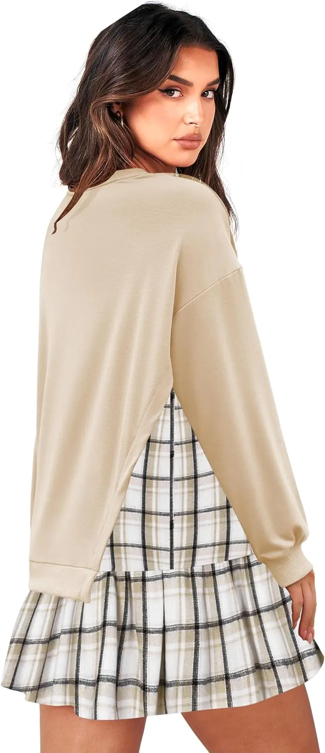 Zeagoo Womens Sweatshirts Plaid Patchwork Crewneck Preppy Long Sleeve Hoodie 2024 Trendy Teen Girls Flowy Pullover Top